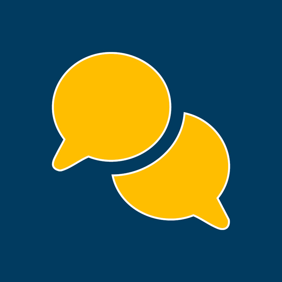Two overlapping yellow speech bubbles outlined in white on a dark blue background.