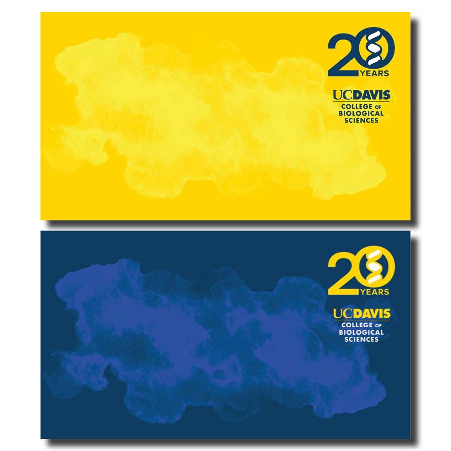 Two UC Davis College of Biological Sciences 20th-anniversary Zoom backgrounds—one yellow with blue logo, one blue with yellow logo.