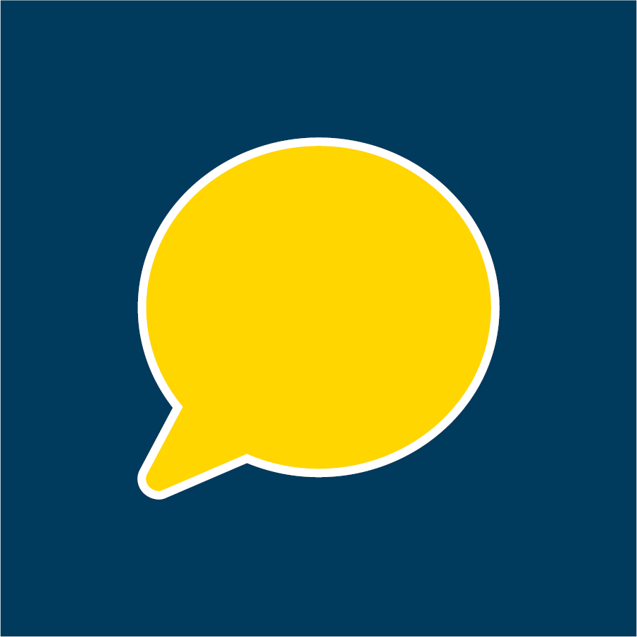 Yellow speech-bubble graphic with white outline on dark blue background