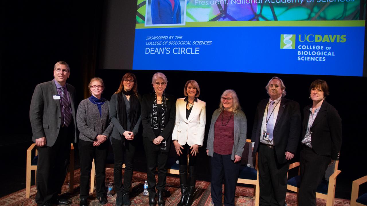 Dean Mark Winey and the event panelists pose with Dr. Marcia McNutt
