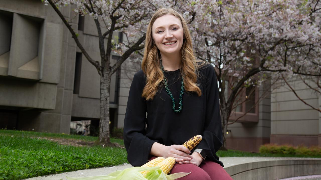 Plant biology Ph.D. student Katherine Murphy studies medicinal terpenes found in corn that could help bolster other crops' defenses. David Slipher/UC Davis Katherine Murphy