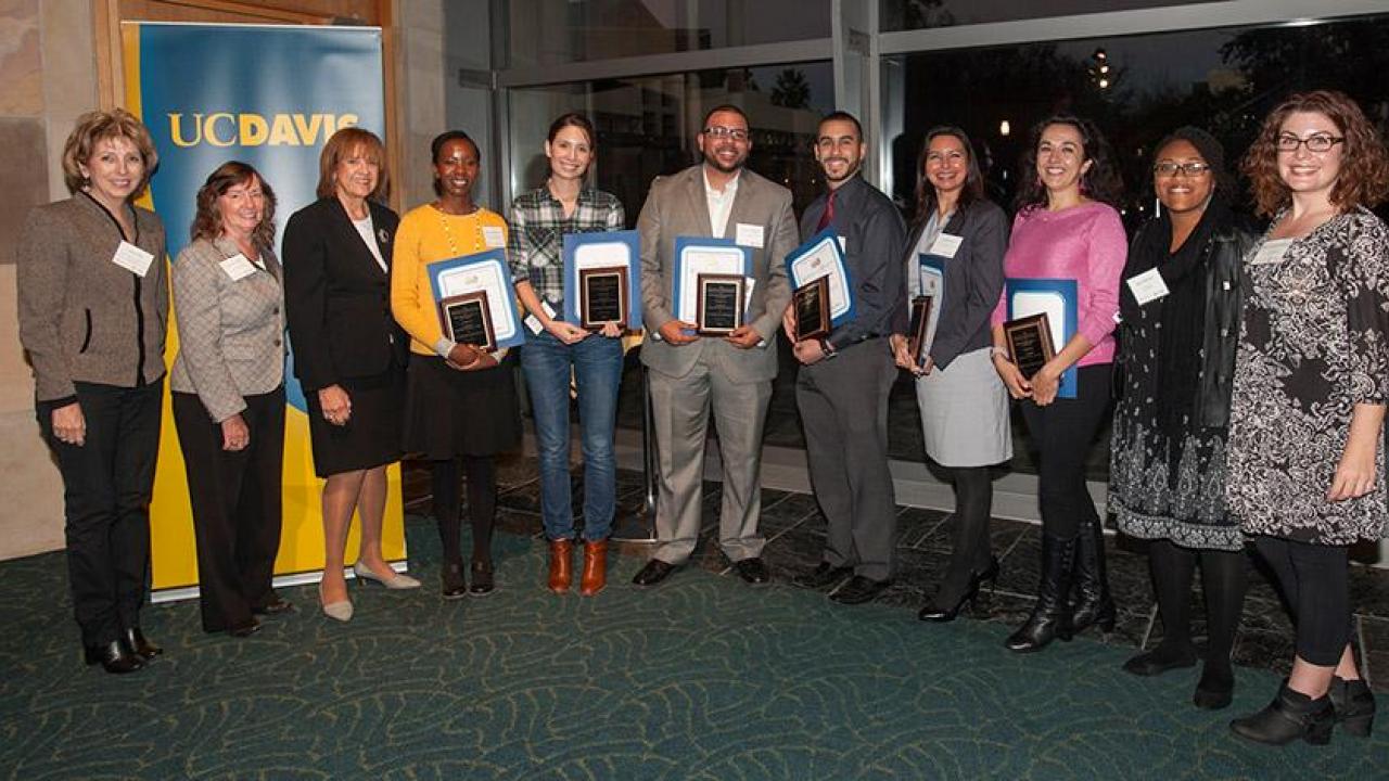 UC Davis’ new CAMPOS Faculty Scholars (holding certificates and plaques), from left, Maureen Njoki Kinyua, Rebecca Hernandez, Jesús M. Velázquez, Samuel Díaz-Muñoz, Jeanette Ruiz and Verónica Martínez-Cerdeño. They are flanked by, from far left, Linda P.B. Katehi, chancellor emerita and UC Davis ADVANCE principal investigator; Karen McDonald, faculty director and co-principal investigator; and Mary Lou de Leon Siantz, CAMPOS founding director; and, at far right, 2015 CAMPOS Faculty Scholars Alexis Patterson, second from right, and Rebecca Calisi Rodriguez. (Gregory Urquiaga/UC Davis) UC Davis’ new CAMPOS Faculty Scholars (holding certificates and plaques), from left, Maureen Njoki Kinyua, Rebecca Hernandez, Jesús M. Velázquez, Samuel Díaz-Muñoz, Jeanette Ruiz and Verónica Martínez-Cerdeño. They are flanked by, from far left, Linda P.B. Katehi, chancellor emerita and UC Davis ADVANCE principal investigator; Karen McDonald, faculty director and co-principal investigator; and Mary Lou de Leon Siantz, CAMPOS founding director; and, at far right, 2015 CAMPOS Faculty Scholars Alexis Patterson