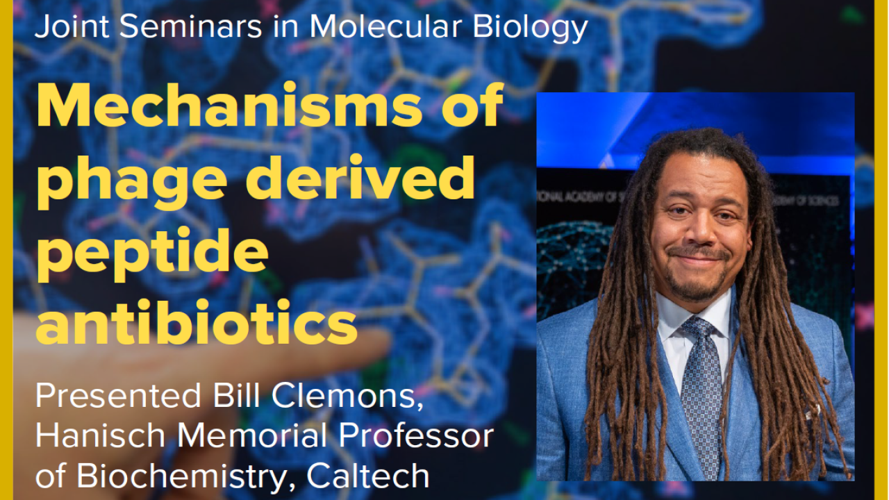 Blue graphic with seminar title, speaker name and title, and speaker photo