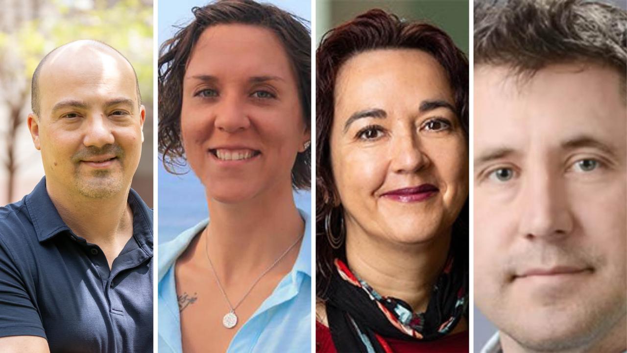 Four diverse individuals smiling, set against neutral backgrounds.