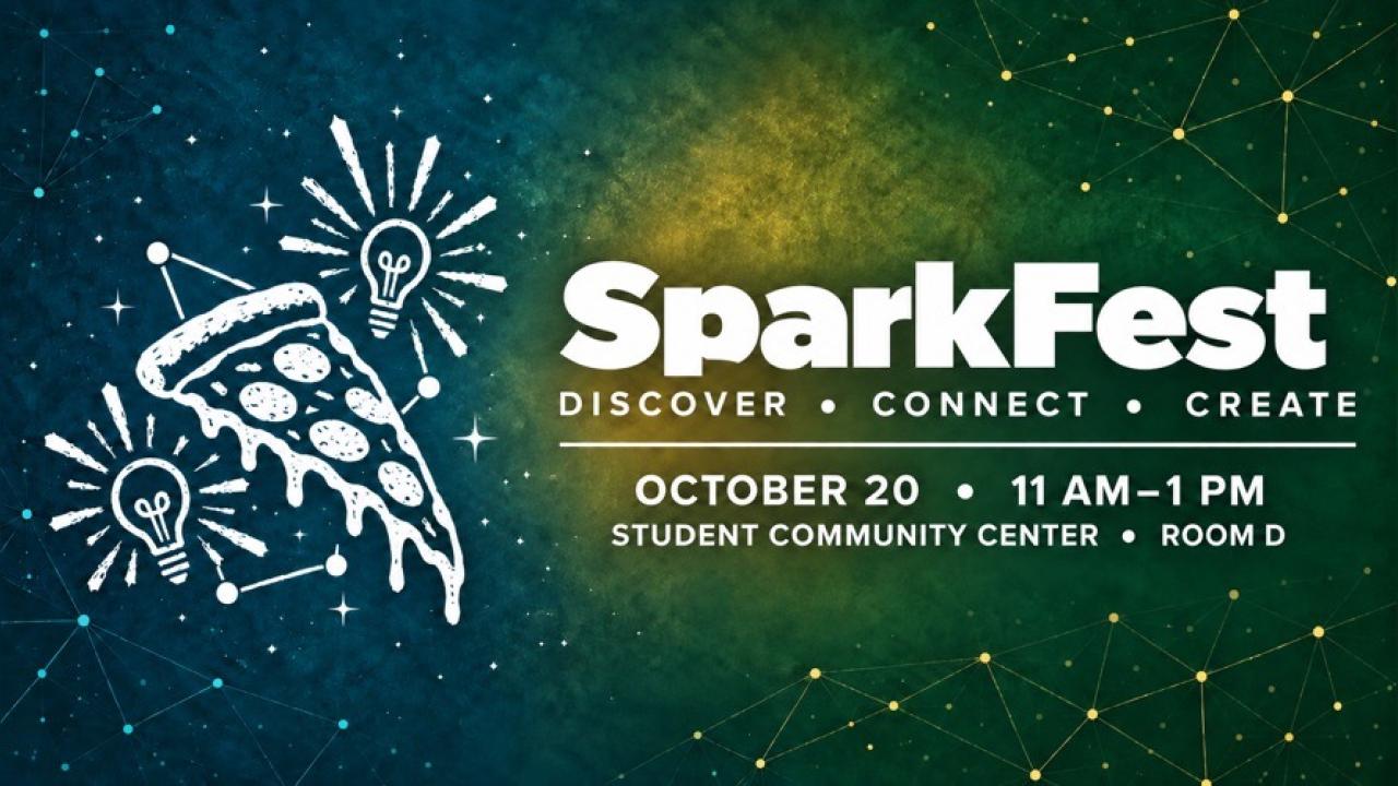 SparkFest graphic on teal starry background with spark icons; Oct 20, 11AM–1PM