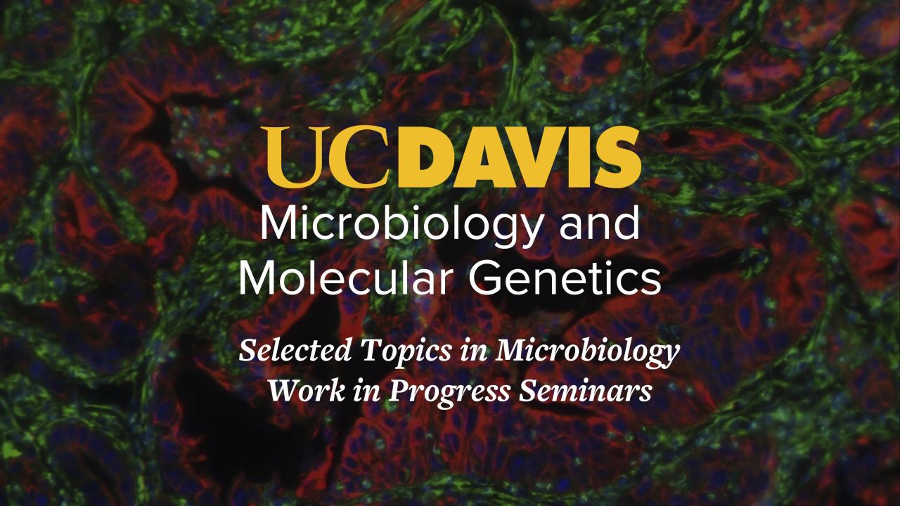 Colorful microscopic view of cells with overlaying text about microbiology seminars.
