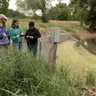 Three students standing outside near the arboretum waterway