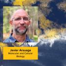 Blue and gold watercolor graphic with Javier's headshot