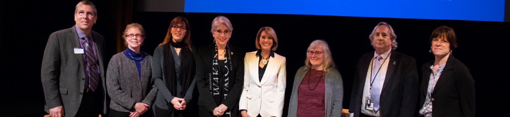 Dean Mark Winey and the event panelists pose with Dr. Marcia McNutt