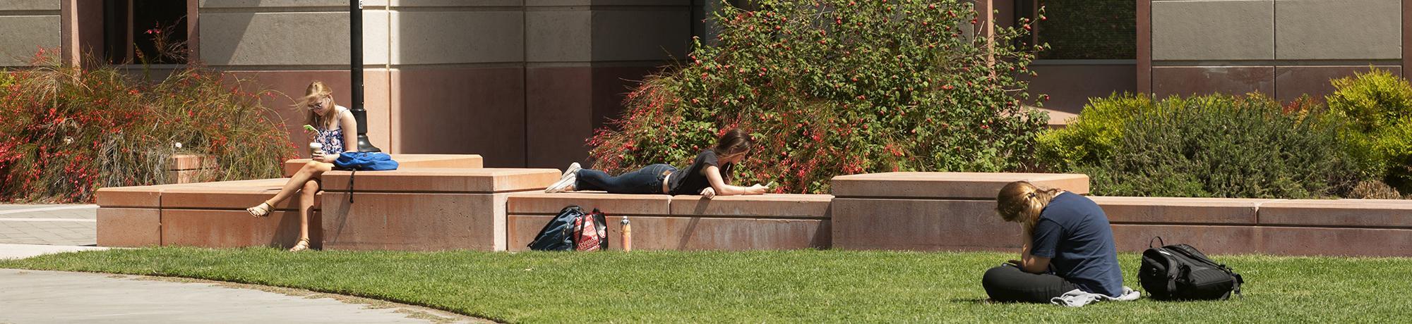Students on the bench and lawn outside buidling